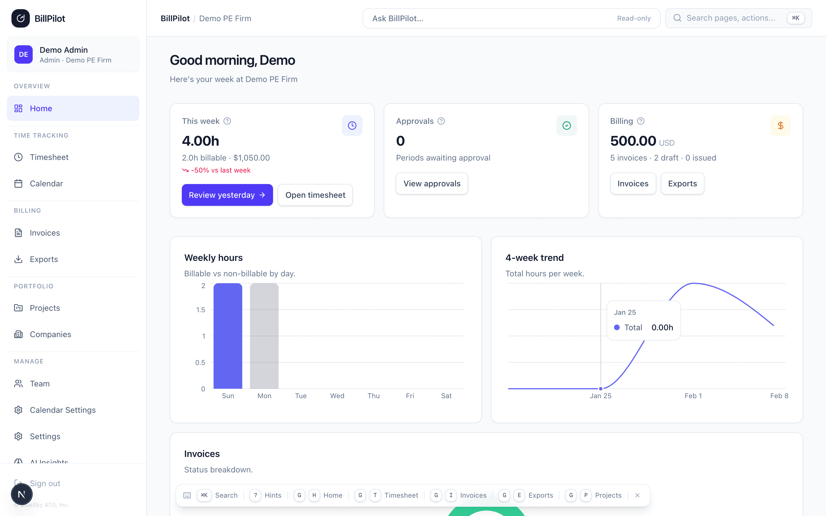 BillPilot dashboard showing time tracking, approval workflows, and portfolio analytics